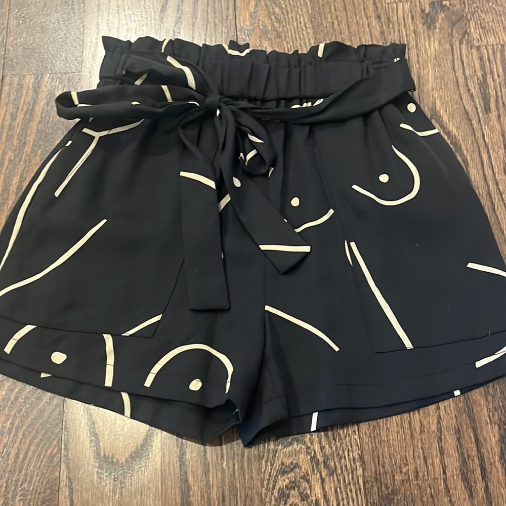 Comune Black Cream Elastic Waist Faux Belted Dress Short Size XS NWT